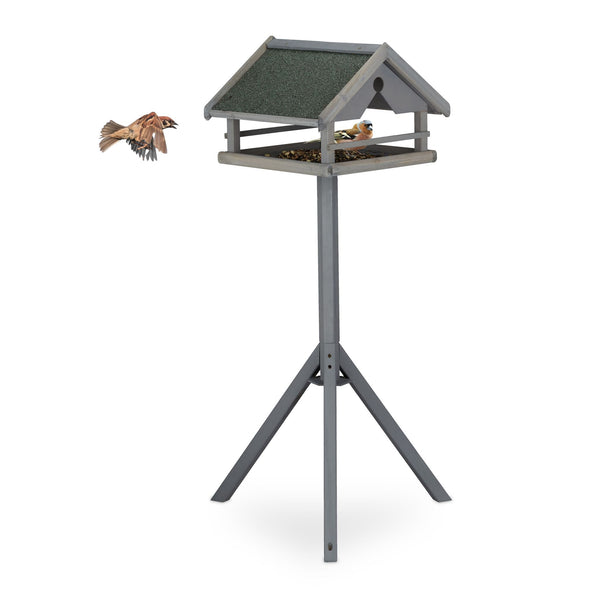 Grijs vogelvoederhuisje op standaard
